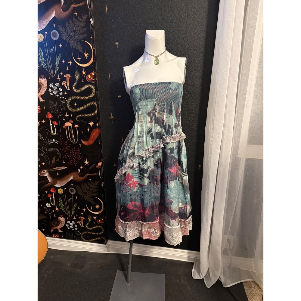 Lapis Floral Smocked Convertible Strapless Dress Maxi Skirt Lace Trim Teal OS
